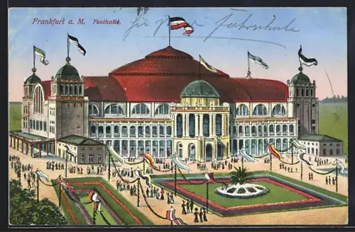 AK Frankfurt-Westend, Festhalle mit Grünanlage und Fahnen