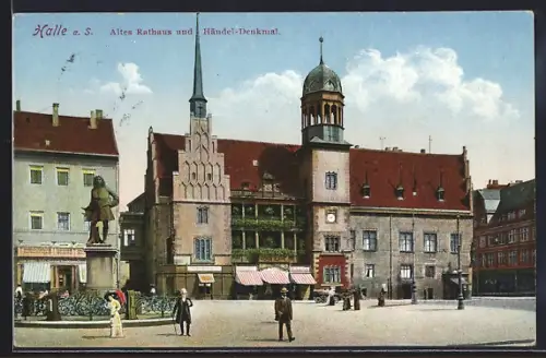 AK Halle /S., Altes Rathaus und Händel-Denkmal