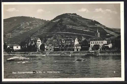 AK Bad Assmannshausen a. Rh., Panoramablick mit Hotel Krone