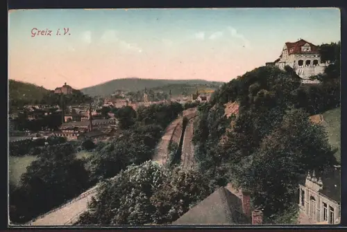 AK Greiz, Ortsansicht mit Schloss und Industriegebiet