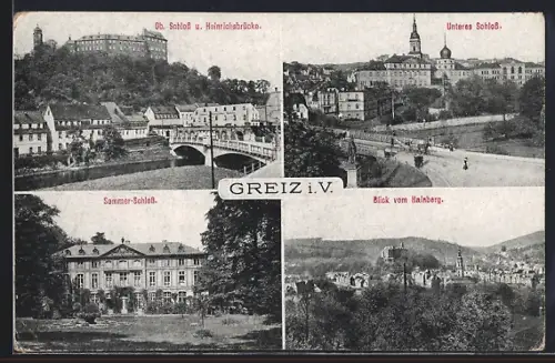 AK Greiz i. V., Ob. Schloss und Heinrichsbrücke, Unteres Schloss, Sommer-Schloss u. Blick vom Hainberg