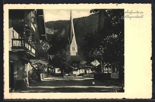 AK Bayrischzell, Dorfpartie mit Blick zum Kirchturm