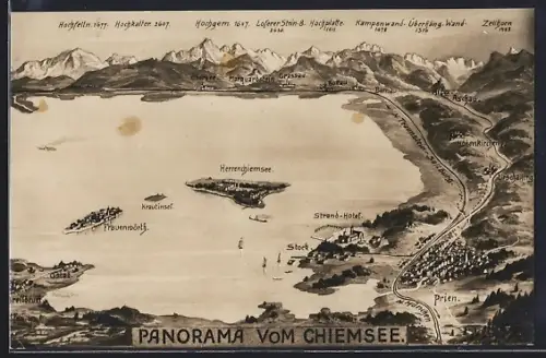 AK Chiemsee, Blick auf Herrenchiemsee, Krautinsel u. Frauenwörth, Ortschaften am See und Gipfelpanorama