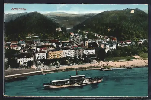 AK Bad Schandau, Elbpromenade mit Hotels und Restaurants, Elbedampfer