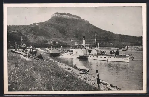 AK Königstein /Sächs. Schweiz, Das Elbeufer mit Ausflugsdampfer und Badenen