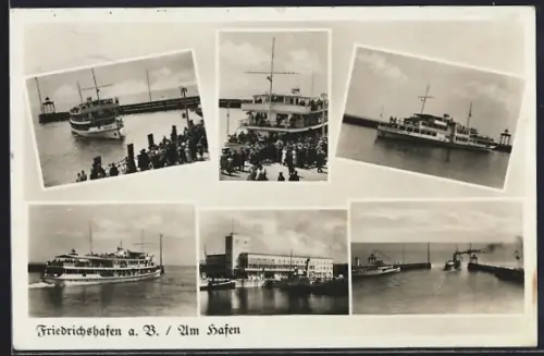 AK Friedrichshafen a. B., Am Hafen mit Dampfern und Hafengebäude