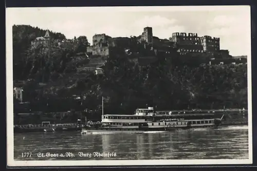AK St. Goar a. Rh., Burg Rheinfels mit Dampfer