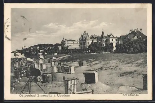 AK Zinnowitz a. Usedom, Partie am Strand mit Körben