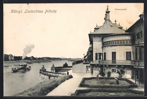 AK Dresden-Pillnitz, Wasserpalais des Königl. Schlosses mit Dampfer