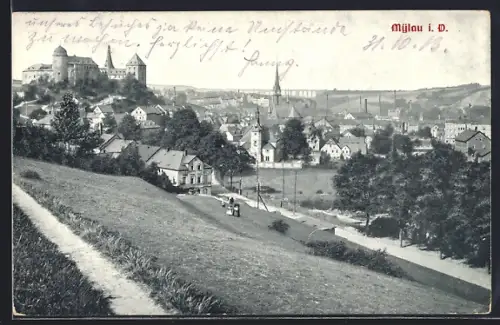 AK Mylau, Totalansicht mit Viadukt und Schloss
