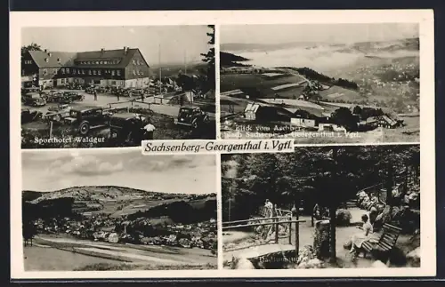 AK Sachsenberg-Georgenthal i. Vgtl., Hotel Waldgut, Blick vom Aschenberg und Ortsansicht