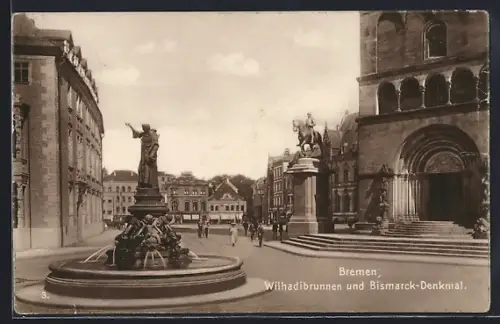 AK Bremen, Wilhadibrunnen und Bismarck-Denkmal
