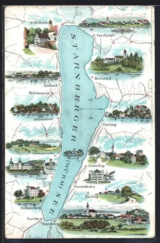 AK Ambach /Starnberger See, Ansichten von St. Heinrich, Seeshaupt, Bernried, Tutzing, Feldafing, Schloss Berg