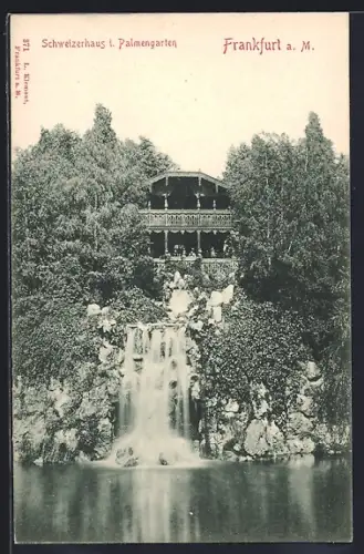 AK Frankfurt-Westend, Schweizerhaus im Palmengarten, Wasserfall