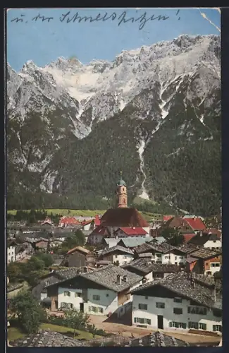 AK Mittenwald, Ortsansicht mit Kirche und Karwendelgebirge