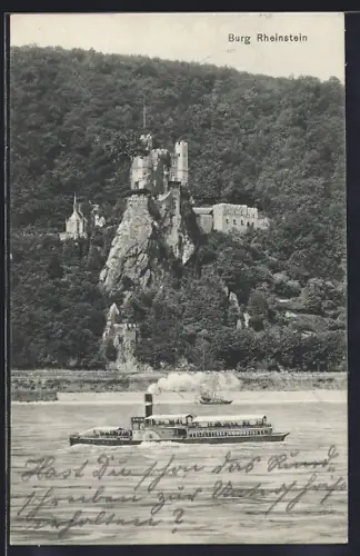 AK Rheinstein, Burg und Dampfschiff auf dem Rhein