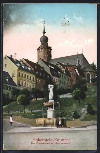 AK Hohenstein-Ernstthal, Zierbrunnen auf dem Altmarkt, Kirche