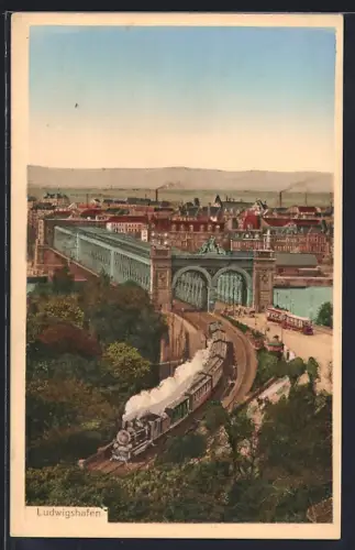 AK Ludwigshafen / Rhein, Eisenbahnbrücke, Dampflok, Stadtansicht
