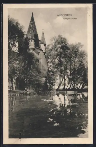 AK Augsburg, Fünfgrat-Turm mit Teich