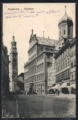 AK Augsburg, Ortspartie mit Blick auf Rathaus und Kirche