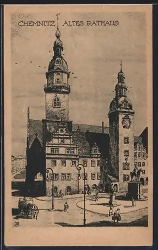 Künstler-AK Chemnitz, Altes Rathaus mit Kutsche und Fussgängern