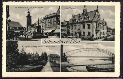 AK Schönebeck-Elbe, Marktplatz m. Brunnen, Rathaus, Anlagen u. Weg zum Standesamt, Elbbrücke