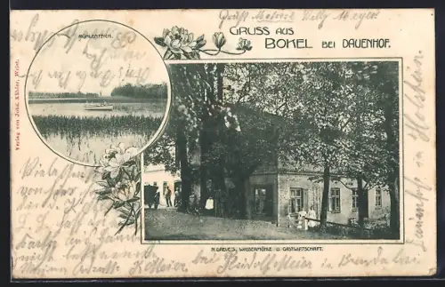 AK Bokel b. Dauenhof, N. Greves Wassermühle u. Gastwirtschaft, Mühlenteich mit Boot