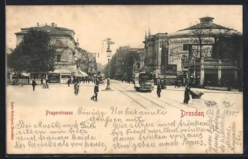 AK Dresden, Strassenbahn, Schlachten-Panorama, Pragerstrasse
