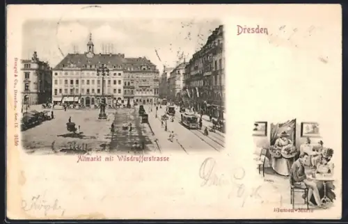 AK Dresden, Altmarkt mit Wilsdrufferstrasse, Blumen-Marie