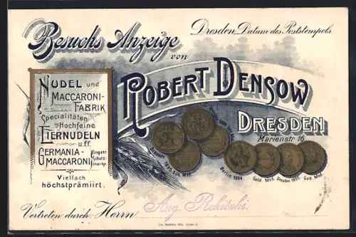 AK Dresden, Nudel- und Maccaroni-Fabrik Robert Densow, Marienstrasse 16