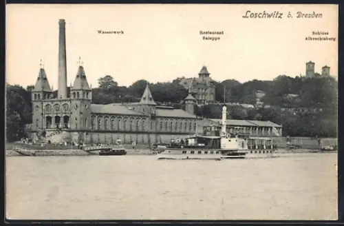AK Dresden-Loschwitz, Wasserwerk, Restaurant Saloppe und Schloss Albrechtsberg