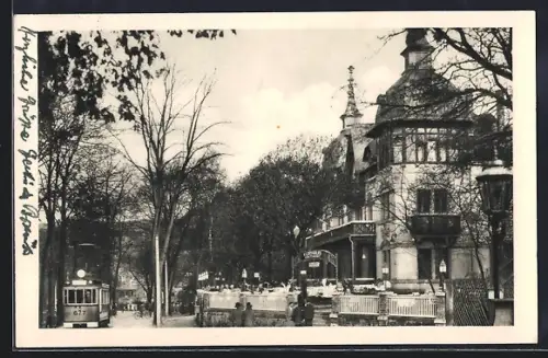 AK Dresden, Kurhaus Kleinzschachwitz mit Strassenbahn