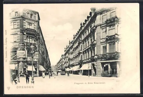 AK Dresden, Conditorei-Café Hülfert, Pragerstrasse Ecke Sidonienstrasse, Strassenbahn