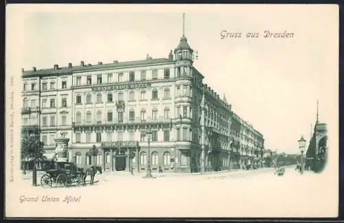 AK Dresden, Grand Hotel Union, Bismarckstrasse am Bahnhof, Pferdekutsche, Litfasssäule