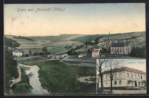 AK Neustadt /Wied., Gasthof z. Wiedtal, Ortsansicht aus der Vogelschau