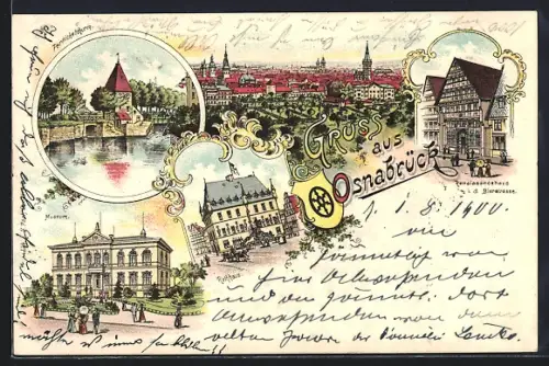 Lithographie Osnabrück, Museum, Renaissancehaus i. d. Bierstrasse, Pernickelturm