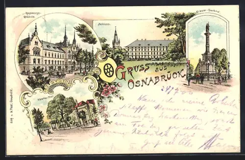 Lithographie Osnabrück, Schloss, Krieger-Denkmal, Regierungsgebäude, Waterloo-Tor