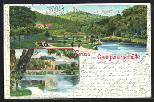 Lithographie Georgsmarienhütte, Anlagen im Park, Gebäude am See