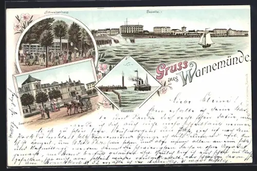 Lithographie Warnemünde, Schweizerhaus, Seestrasse, Westmole