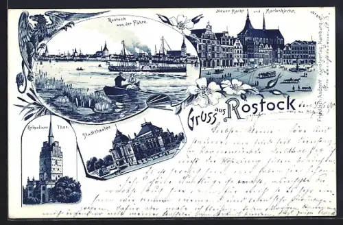 Lithographie Rostock, Stadttheater, Kröpeliner Tor, Neuer Markt und Marienkirche