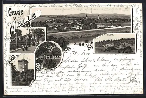 Lithographie Melle, Waldmeister, Weberhaus, Kleft, Gesamtansicht