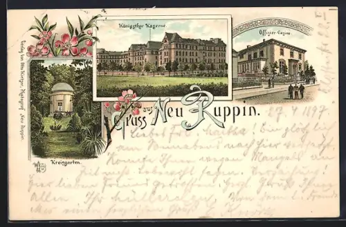 Lithographie Neu Ruppin, Königsthor-Kaserne, Offizier-Casino, Kreisgarten