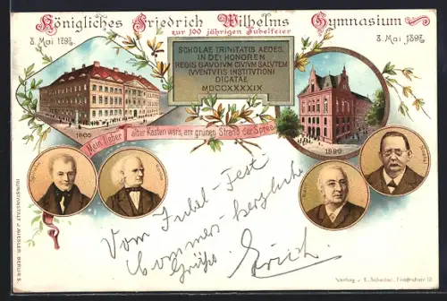 Lithographie Berlin-Kreuzberg, Festpostkarte des Königlichen Friedrich-Wilhelms-Gymnasium 1897, Kochstrasse