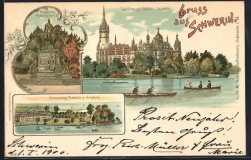 Lithographie Schwerin / Mecklenburg, Grossherzogl. Schloss, Grossherzog Friedrich Franz II., Marstall