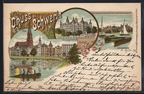 Lithographie Schwerin i. M., Dom, Schloss, Annastrasse