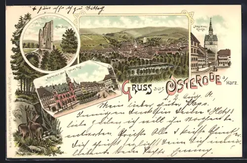 Lithographie Osterode / Harz, Blick auf den Ort, Alte Burg, Neue Post, Aegidien Kirche