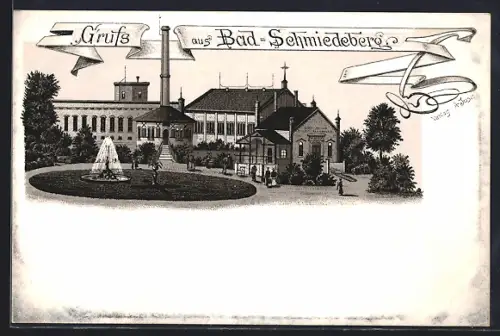 Lithographie Bad Schmiedeberg, Städtisches Eisen-Moorbad, Springbrunnen