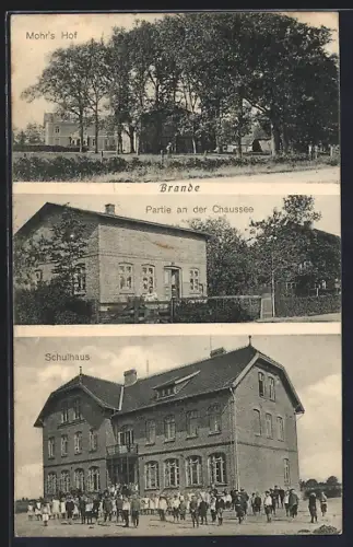 AK Brande / Holstein, Bauernhof Mohr, Partie an der Chaussee, Schulhaus