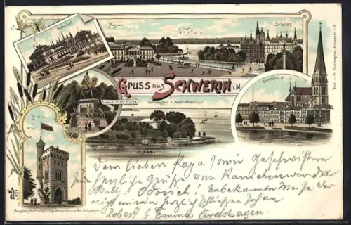 Lithographie Schwerin i. M., Schloss und Museum, Bahnhof, Domkirche