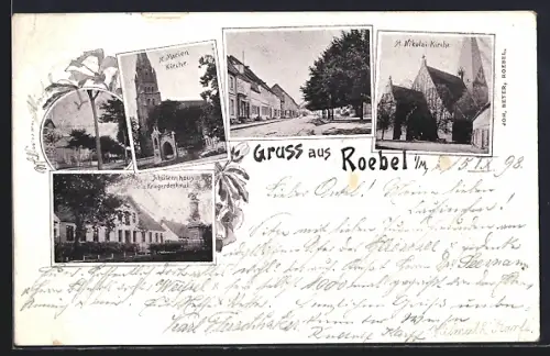 AK Röbel i. M., St. Nikolai-Kirche, St. Marien Kirche, Schützenhaus und Kriegerdenkmal